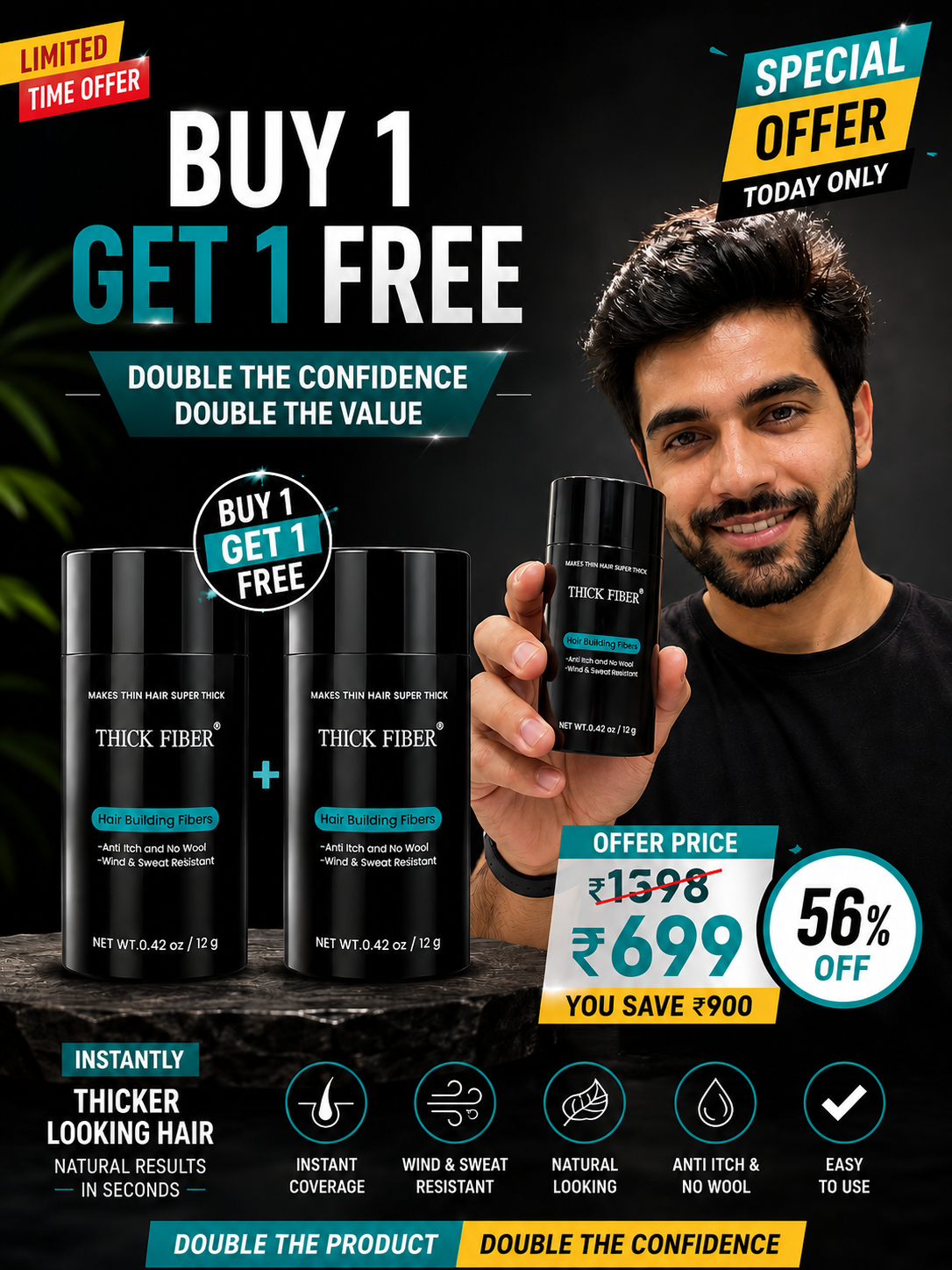 THICK FIBER™ Hair Building Fibers (Pack of 2) | Instant Fuller Looking Hair