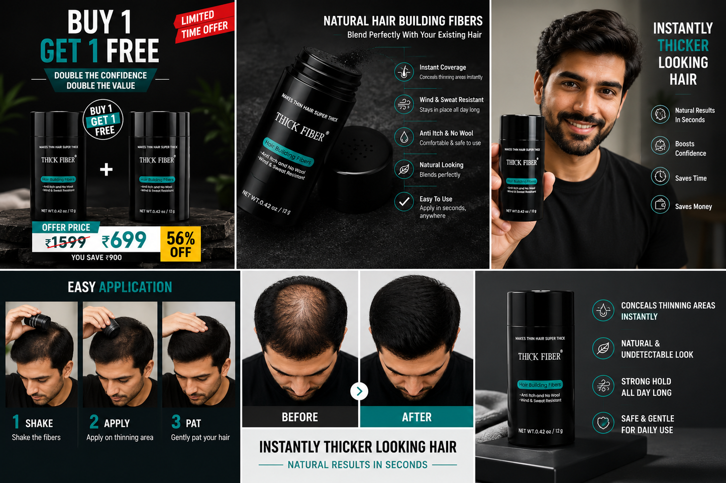 THICK FIBER™ Hair Building Fibers (Pack of 2) | Instant Fuller Looking Hair