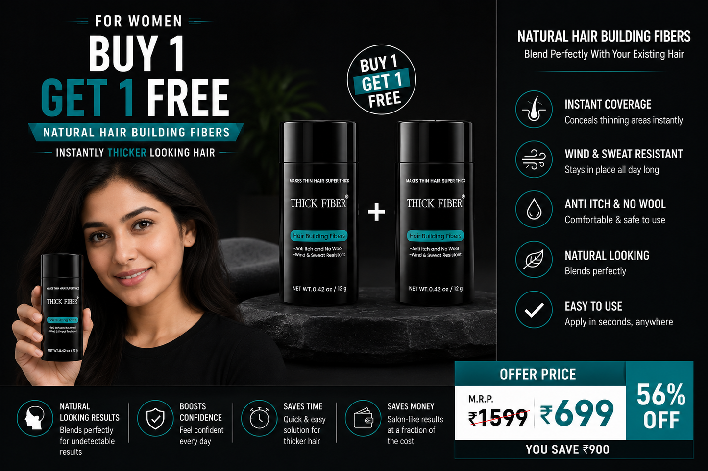 THICK FIBER™ Hair Building Fibers (Pack of 2) | Instant Fuller Looking Hair