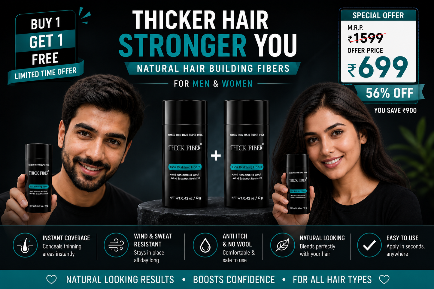 THICK FIBER™ Hair Building Fibers (Pack of 2) | Instant Fuller Looking Hair